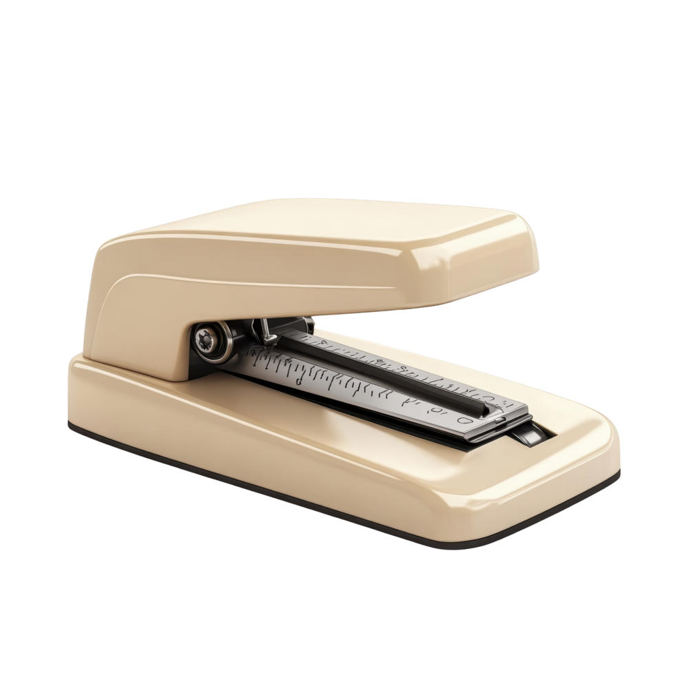 Vintage cream-colored stapler, angled view. png