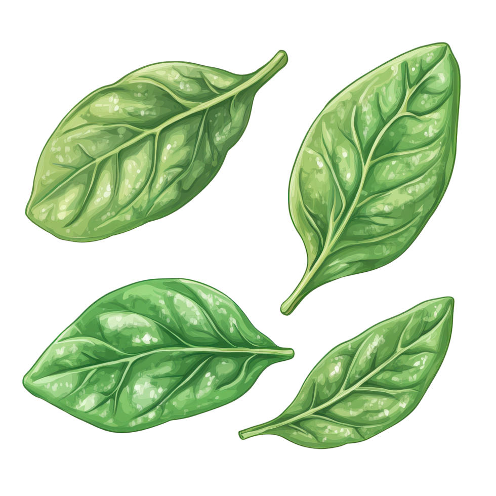 Four vibrant spinach leaves arranged in a symmetrical pattern. png