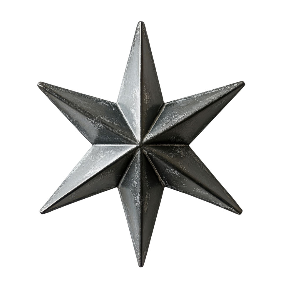 A large, metallic star ornament with a distressed, aged finish. png