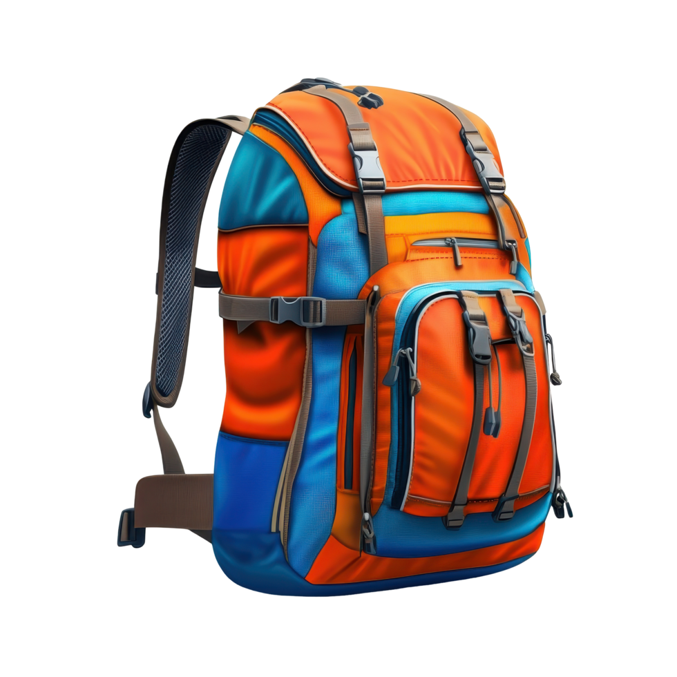 Vibrant orange and blue hiking backpack with adjustable straps. png