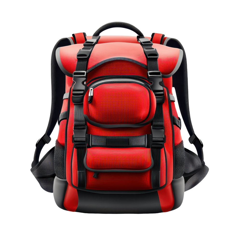 A robust, red backpack with multiple compartments and straps. png