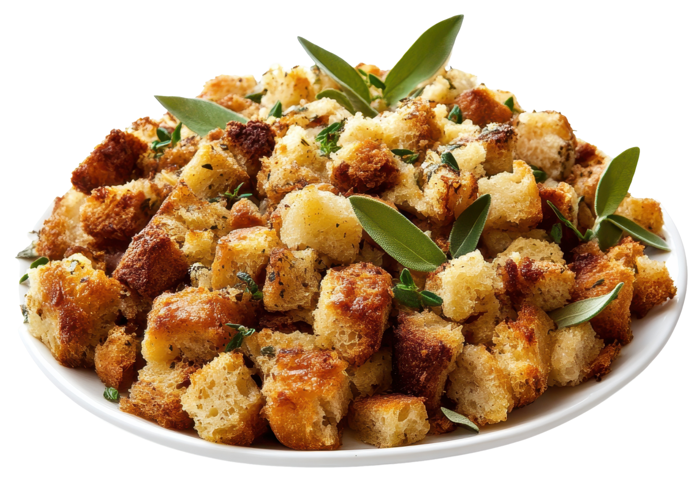 Seasoned bread stuffing, garnished with herbs. png