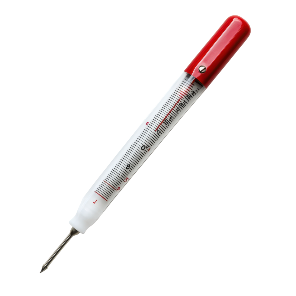 Red and white hand-held thermometer for measuring temperature. png