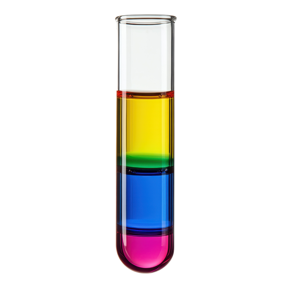 Colorful layered liquids in a test tube. png