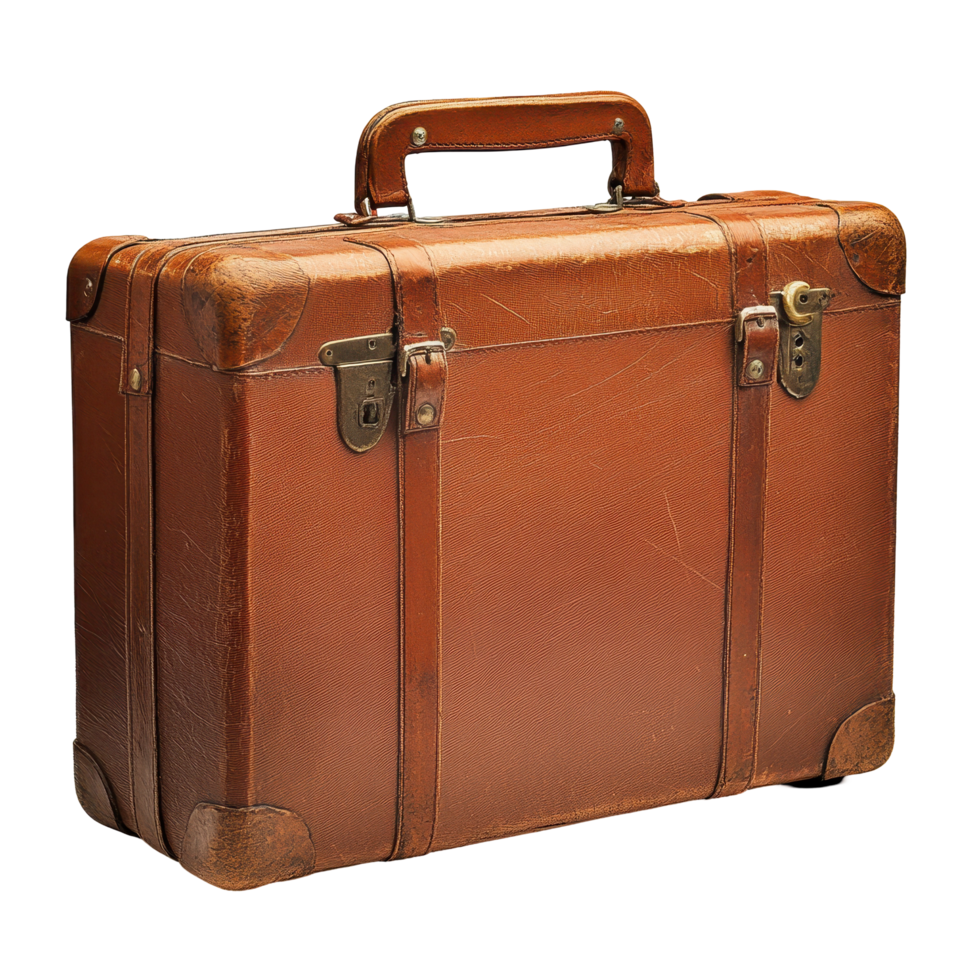 Vintage tan leather suitcase with brass hardware. png