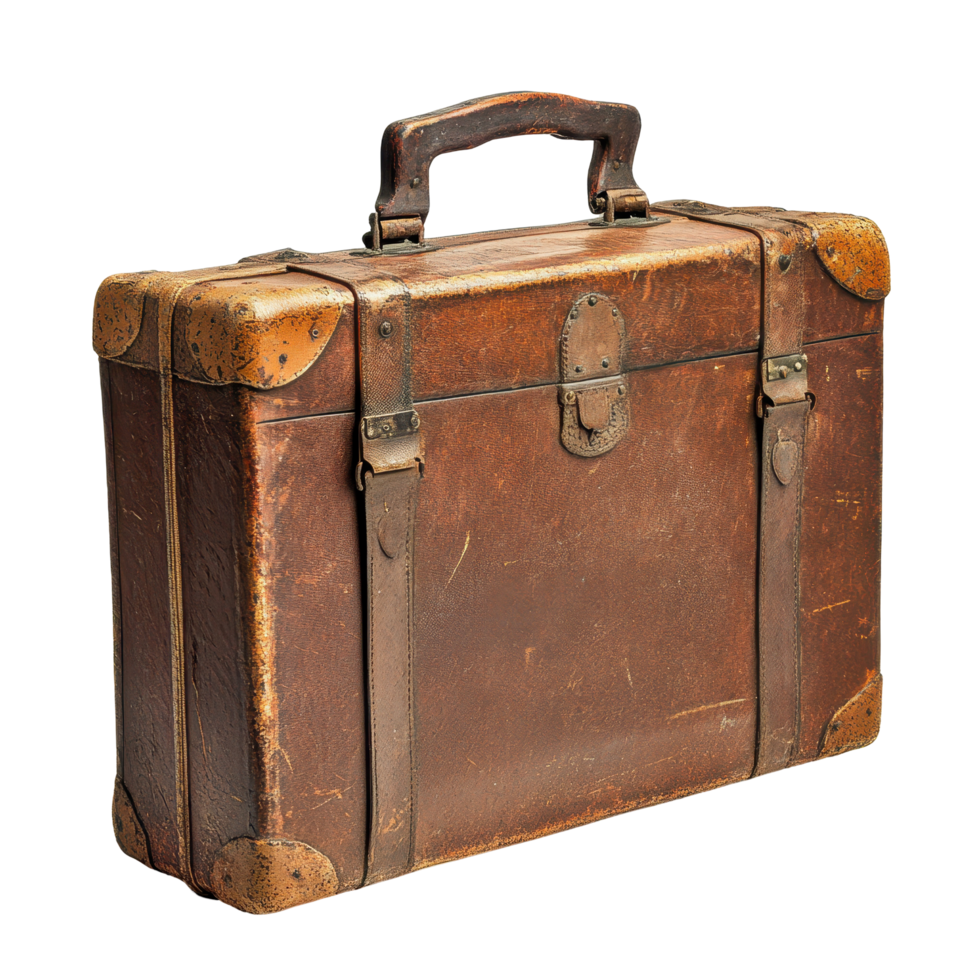 Vintage leather suitcase, well-worn and travel-ready. png