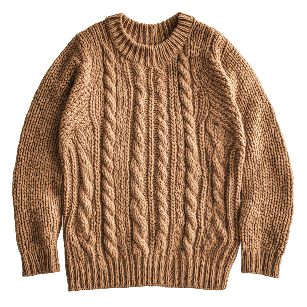 Beige cable knit sweater displays intricate stitch patterns. png