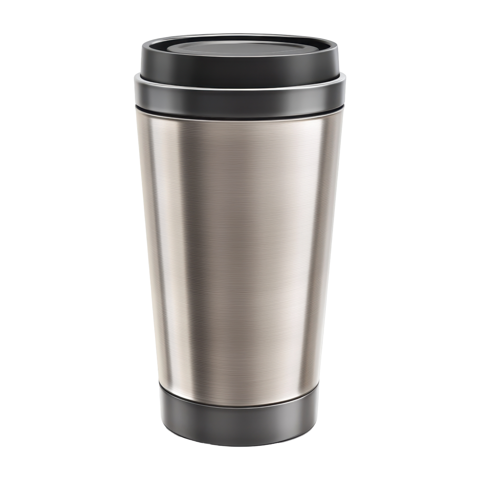 Stylish, stainless steel travel mug with a dark gray lid. png