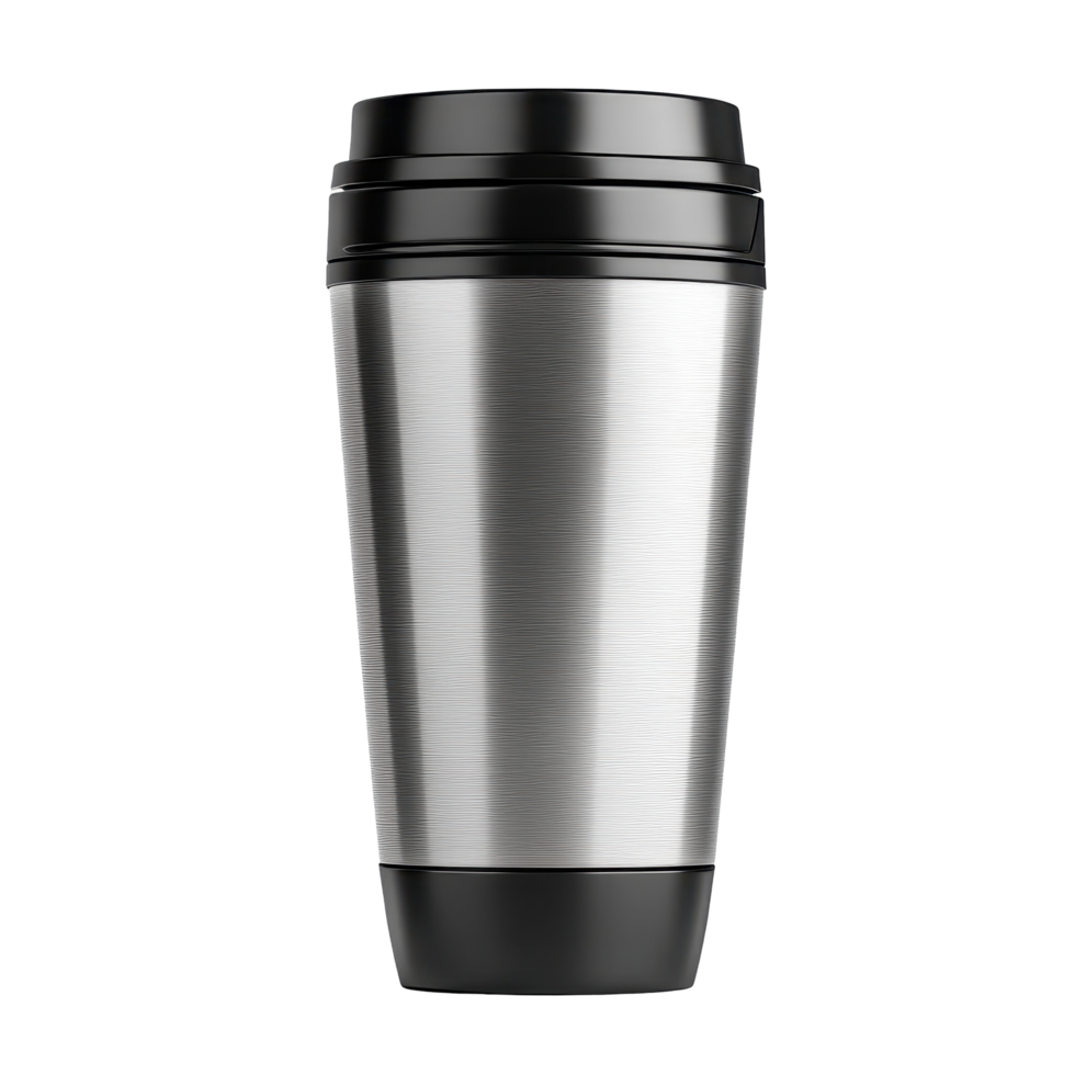 Stainless steel travel mug with black accents. png