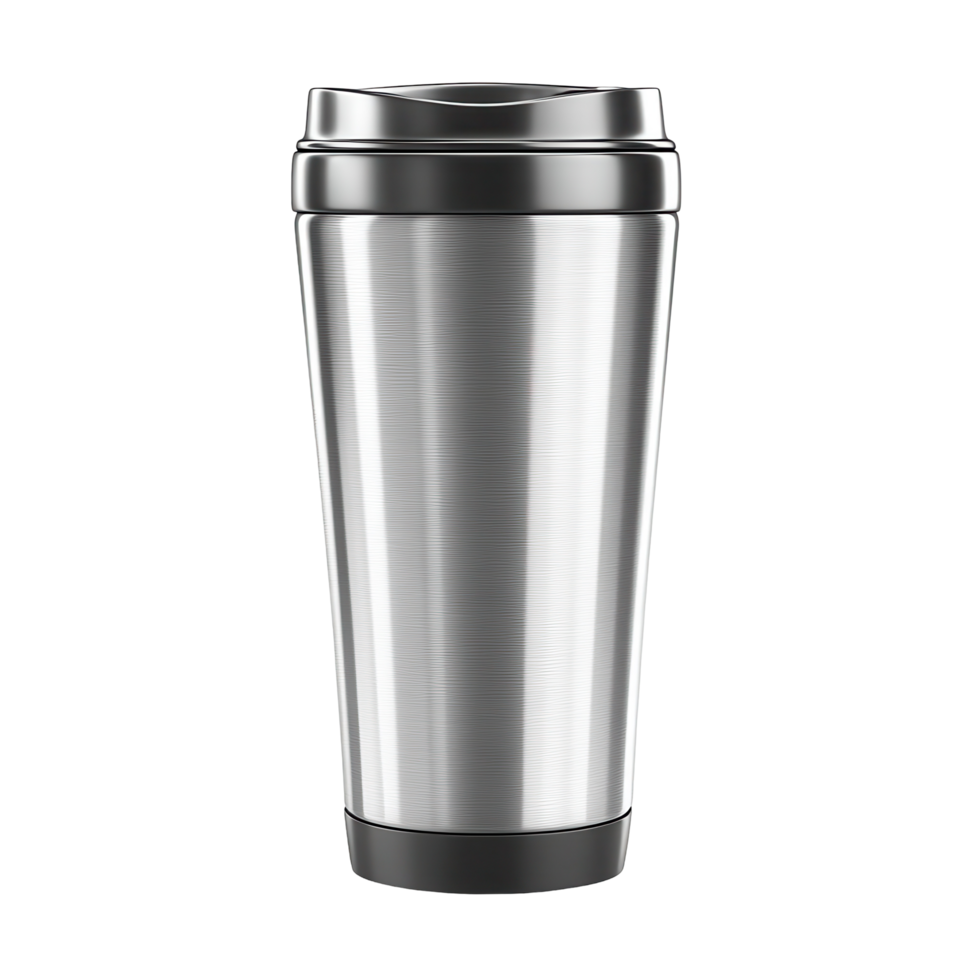 Sleek metallic travel tumbler for beverages. png