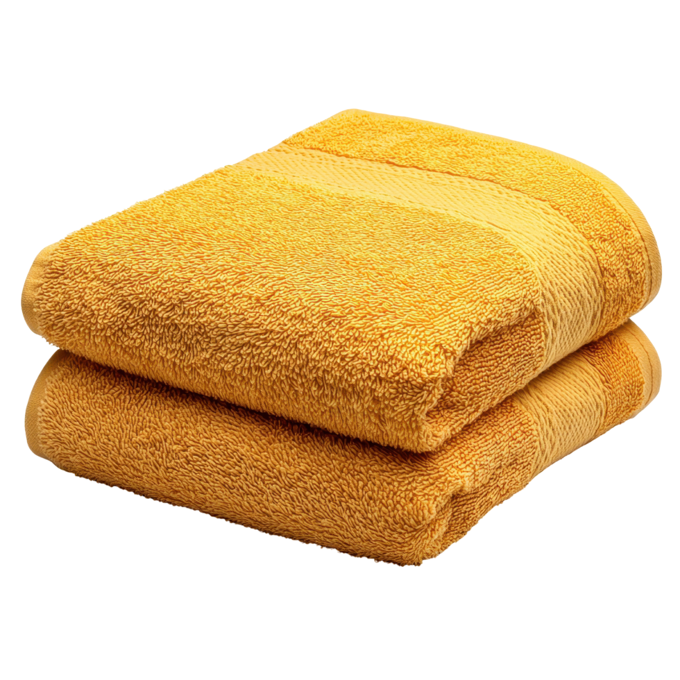Two golden yellow bath towels neatly folded. png