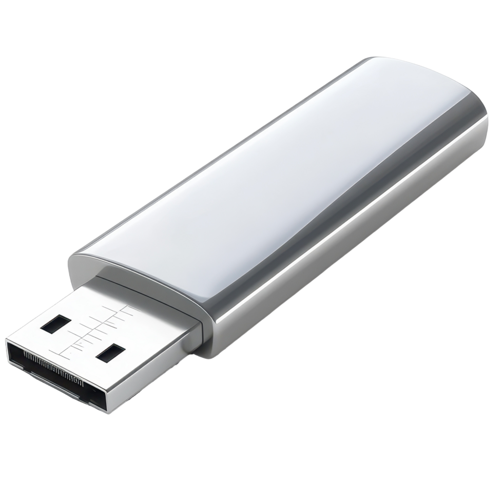 Modern silver flash drive, ready for data storage. png