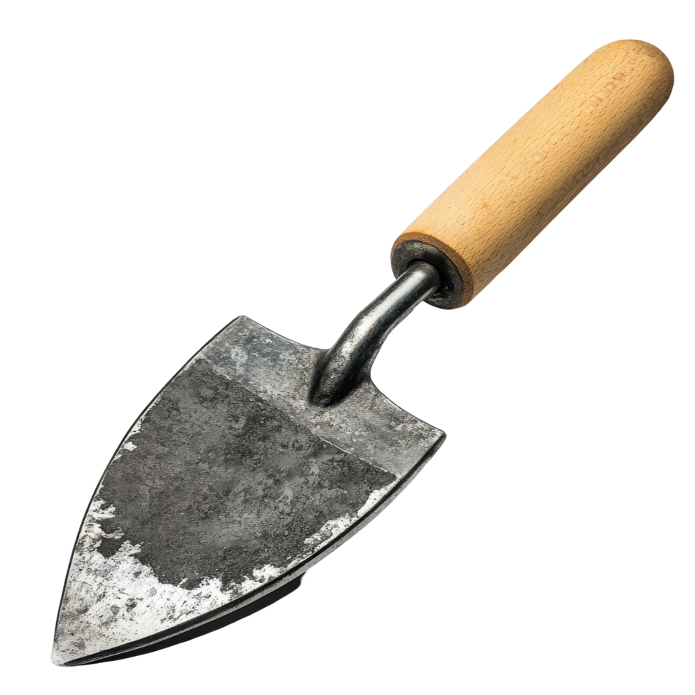 A small, rusted trowel with a wooden handle. png