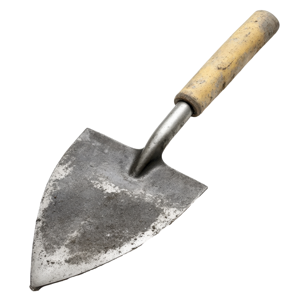 Worn trowel with a wooden handle. png