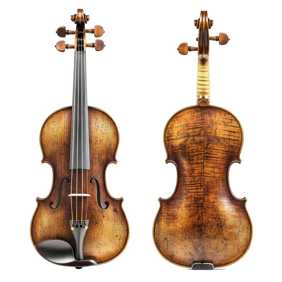 Antique violin displayed in front and back views. png