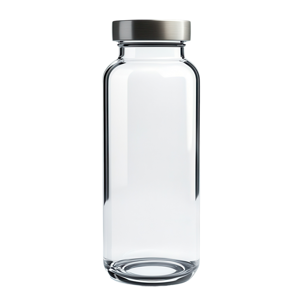 Empty clear glass bottle with metal cap. png