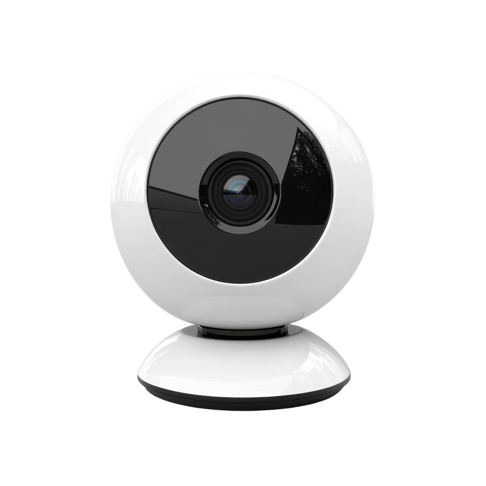 Spherical, white security camera with lens. png