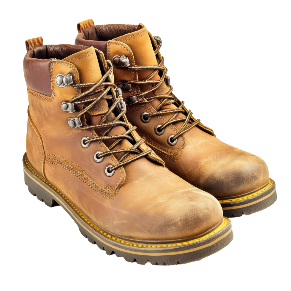 Pair of worn, tan leather work boots png