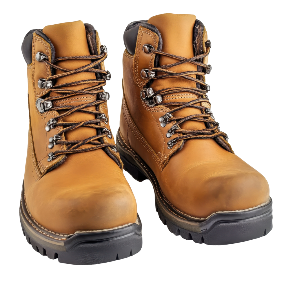 Pair of light brown leather work boots. png