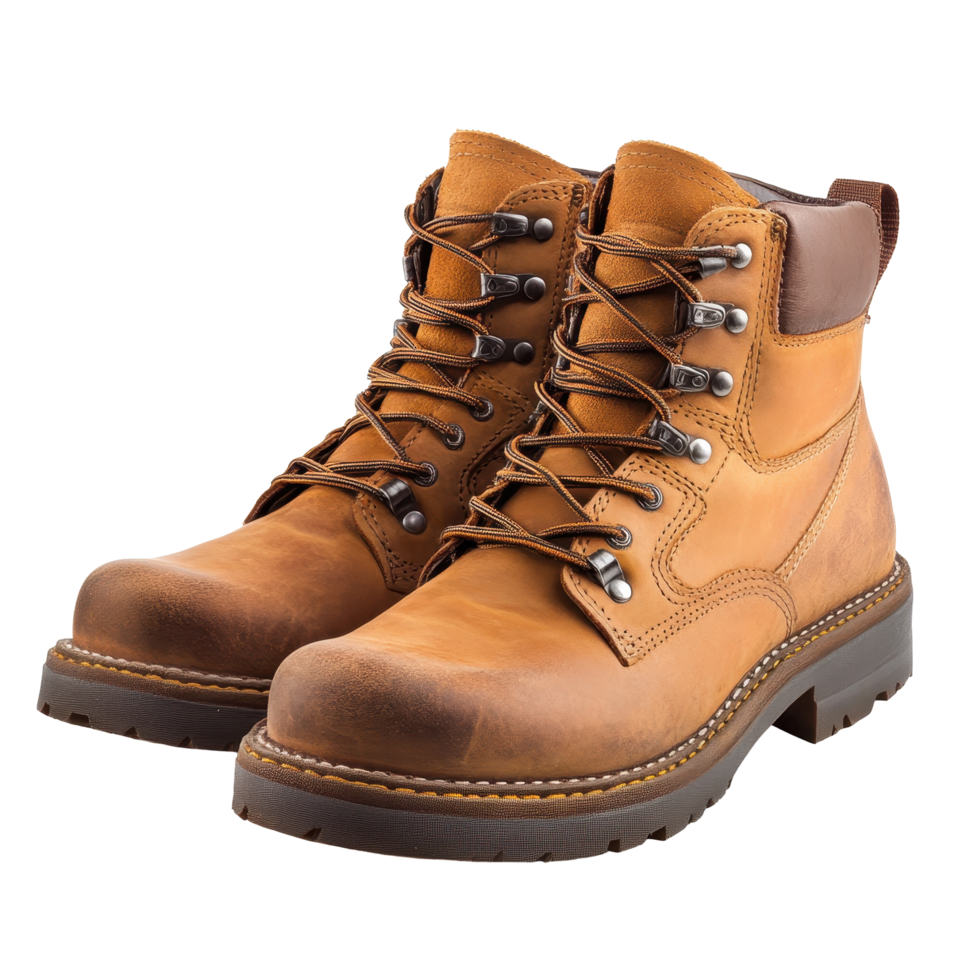 Pair of tan leather work boots with durable soles. png