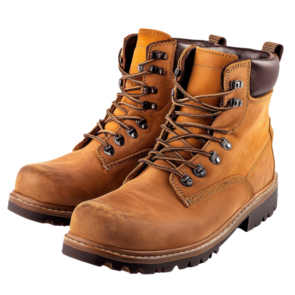 Pair of tan leather work boots with laces. png