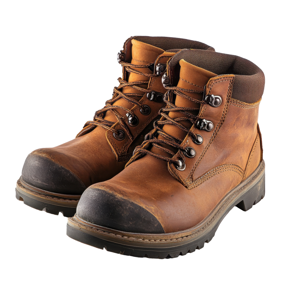 Sturdy brown leather hiking boots with reinforced soles. png