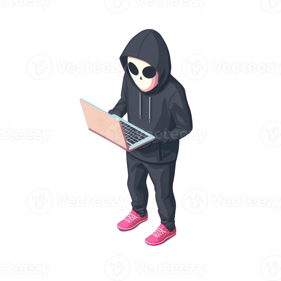 A hooded figure with a mask, engaged in coding or hacking on a laptop, standing in a focused position, isolated on a white background. png