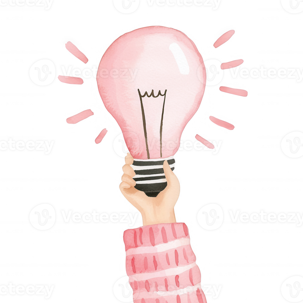 A hand holding a pink light bulb with rays of light, symbolizing creativity and innovation against a white isolated background. png