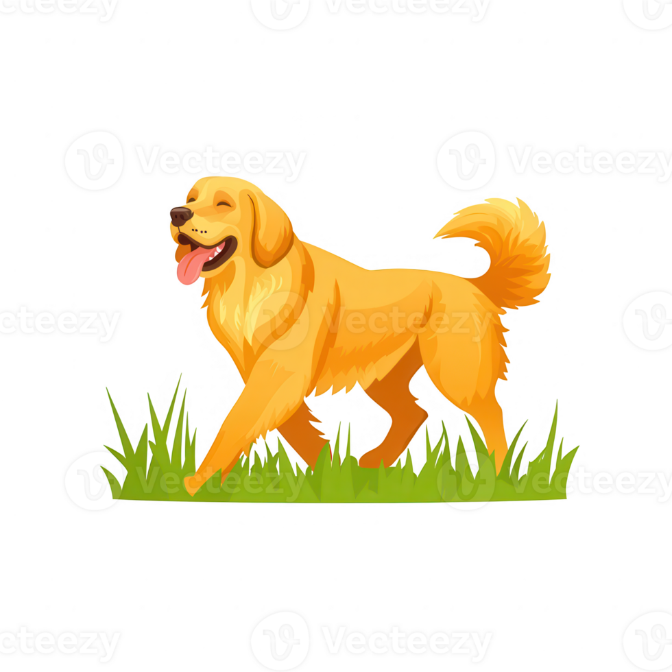 A happy golden retriever walking in a grassy field. The dog has a bright coat and a joyful expression, embodying playfulness and loyalty in a natural outdoor setting. png