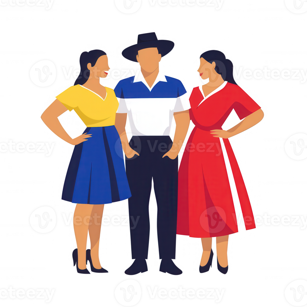 A group of three stylish individuals standing together, showcasing diverse fashion in vibrant colors, with a friendly and inviting demeanor. png