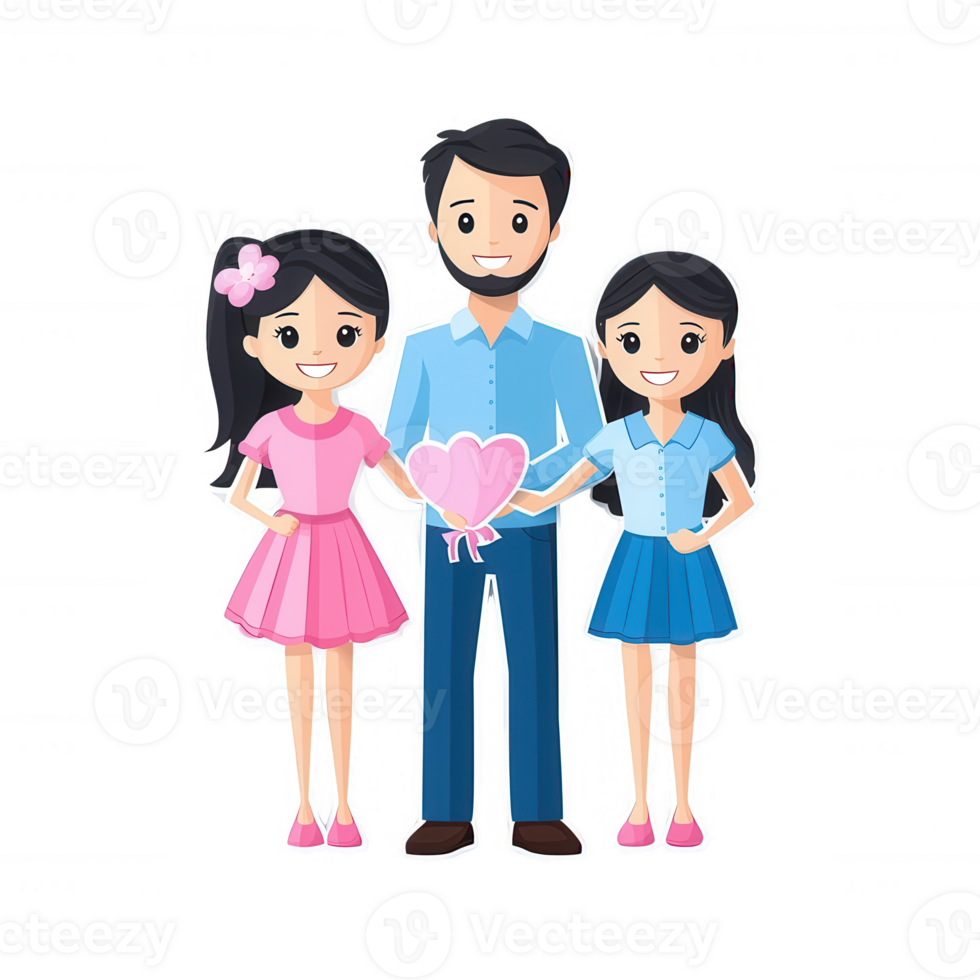 A happy family consisting of a father and two daughters, smiling and holding a heart-shaped symbol, depicted in a colorful, cartoonish style. png