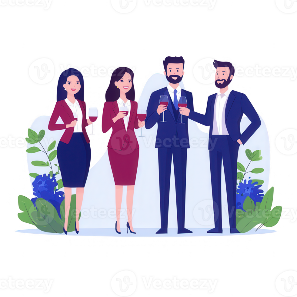 A group of four professionals enjoying a social gathering, holding drinks with smiles, surrounded by greenery. Perfect for business and networking themes. png