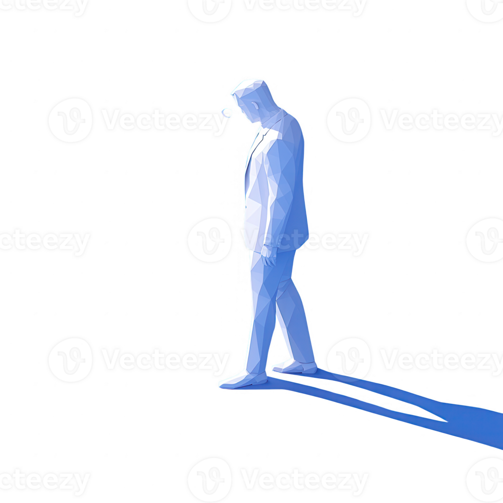A low-poly illustration of a man walking alone, captured in a minimalist style with a blue shadow on a transparent background, symbolizing solitude and contemplation. png