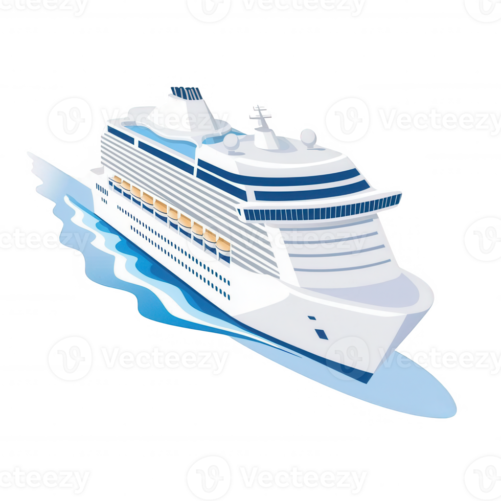 A luxurious cruise ship sailing through calm waters, showcasing its elegant design and large windows against a white isolated background. png