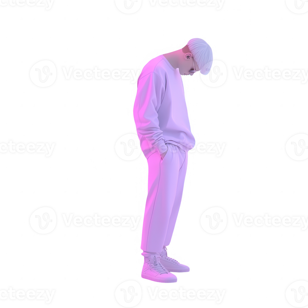 A lone figure dressed in white attire stands with head bowed, exuding a contemplative mood against a white isolating background. png