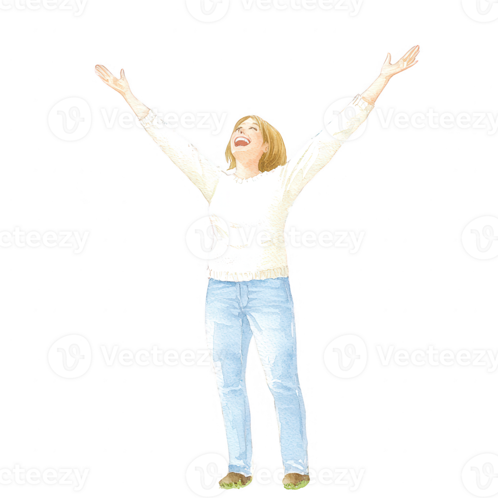 A joyful woman with arms raised, expressing happiness and excitement against a white isolated background. png