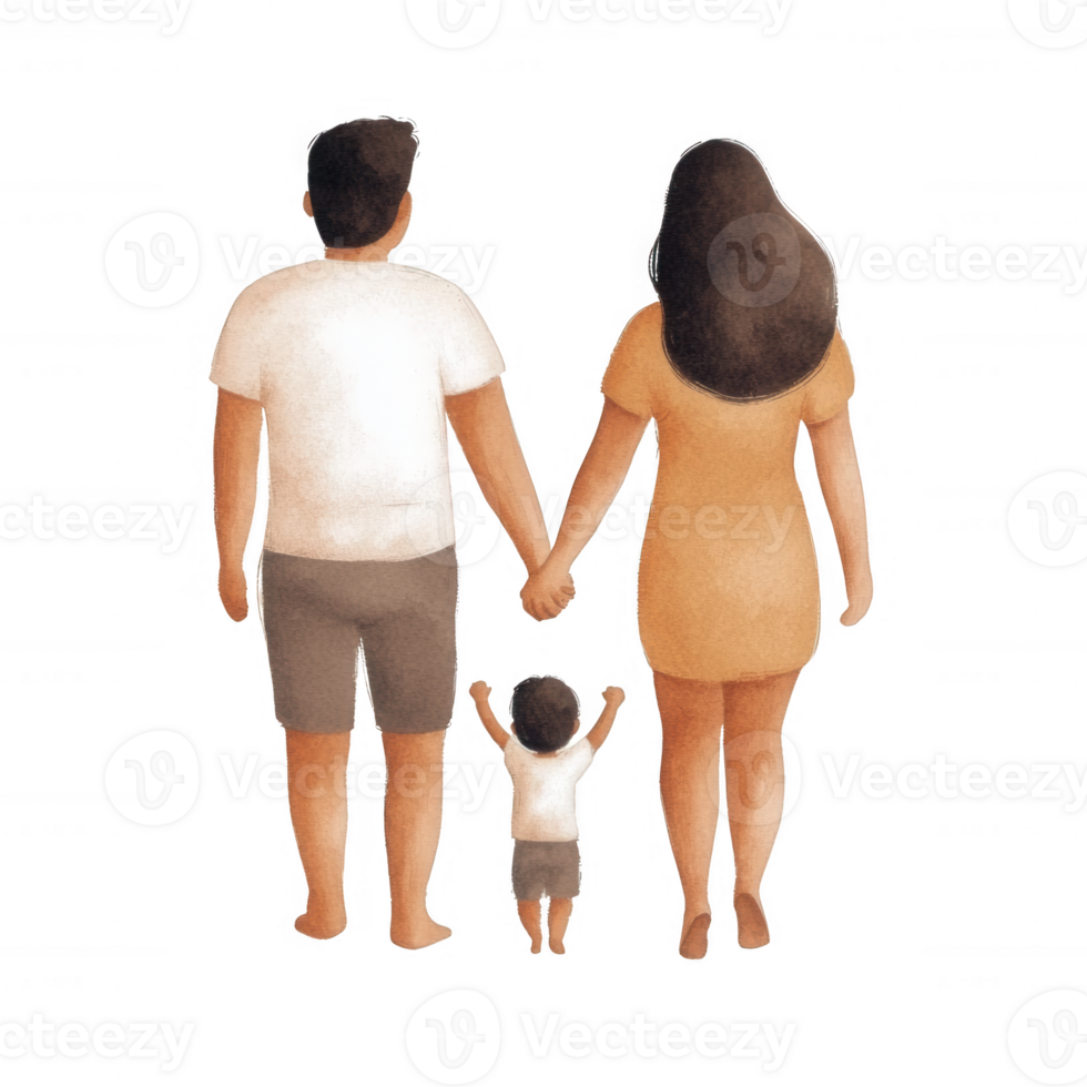 A happy family walking together, holding hands, showcasing love and unity. A modern couple with a child enjoys a moment together, symbolizing harmony and family bonds. png