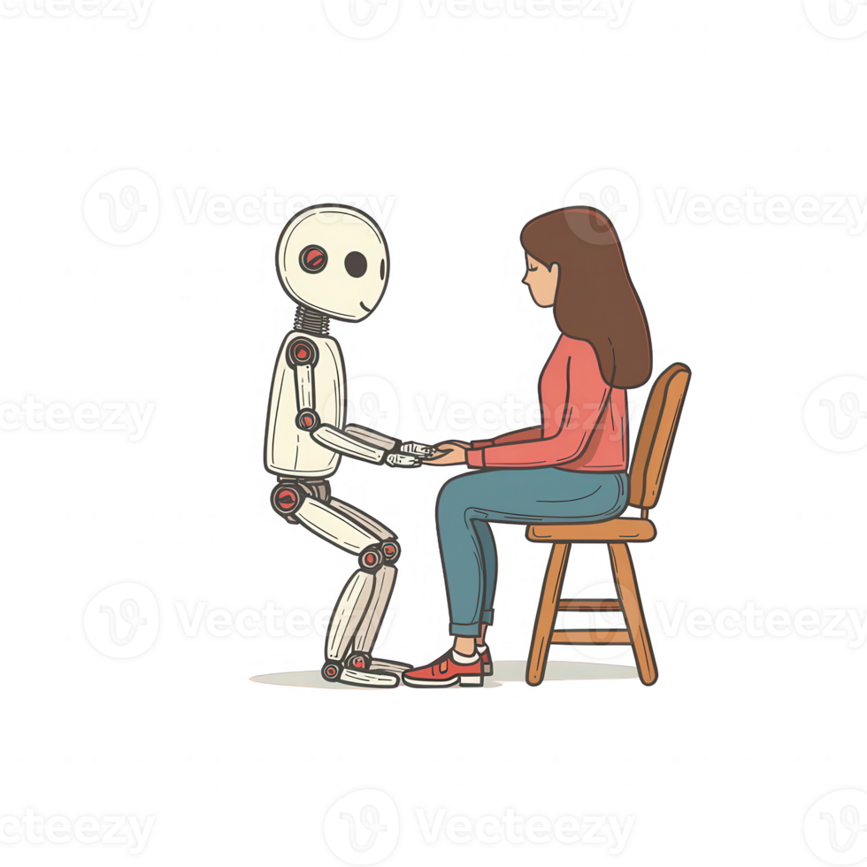 A humanoid robot and a woman sitting face-to-face, engaging in a conversation. The robot's hands are gently placed in the woman's hands, symbolizing connection and interaction. png