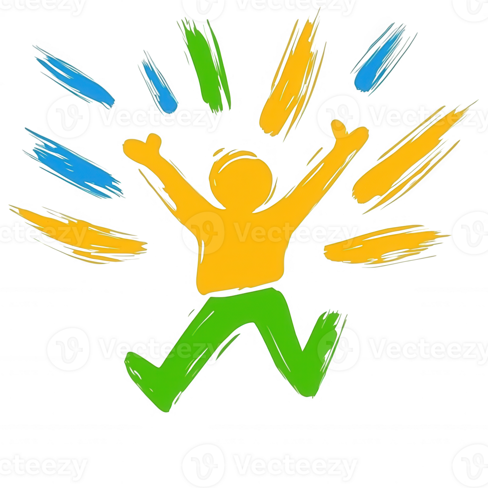 A joyful, abstract illustration of a person celebrating with arms raised, surrounded by colorful bursts, ideal for expressing happiness and positivity. png
