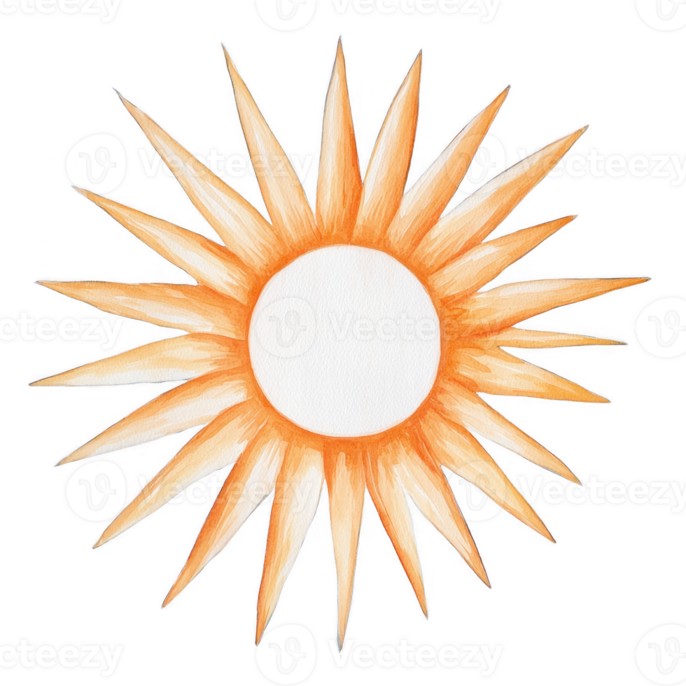 A hand-painted illustration of a bright sun with pointed rays in shades of orange and yellow, featuring a white center. Ideal for designs related to warmth and positivity. png
