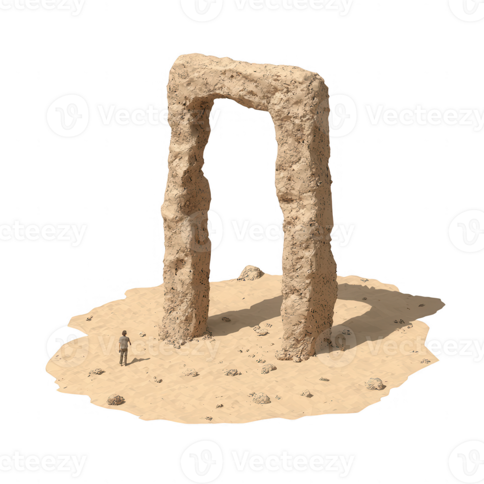 A large stone arch standing alone in a sandy landscape, with a small figure nearby for scale, showcasing the beauty of natural formations. png