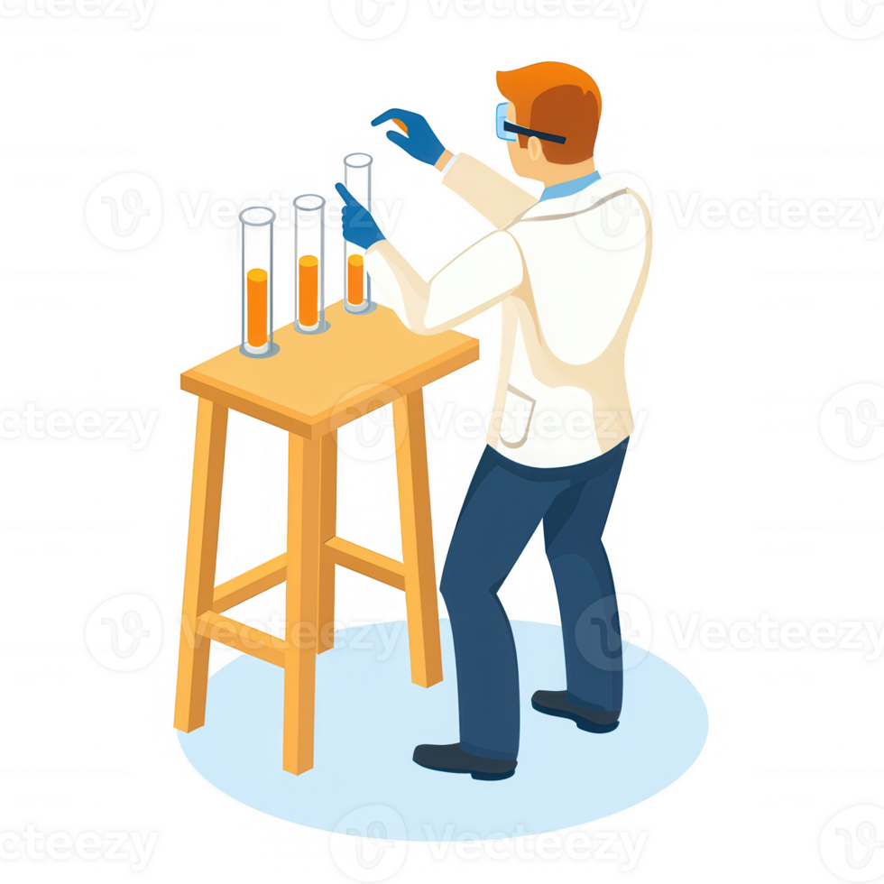 A male scientist in a lab coat working with test tubes on a wooden table. He is focused on his experiment, wearing gloves and glasses, indicating a careful approach to research. png
