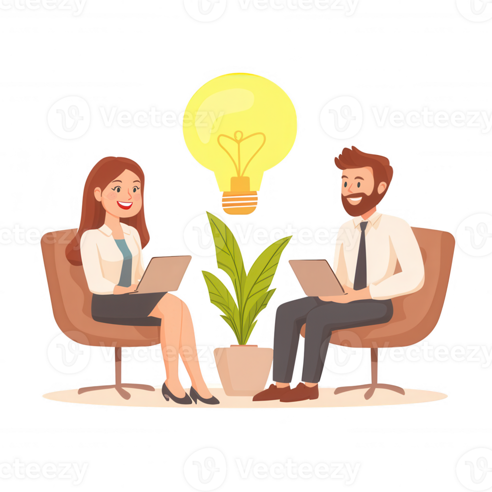 A man and woman engaged in a productive discussion, sitting in modern chairs with laptops. A plant adds a bit of nature, and a glowing light bulb symbolizes ideas. png