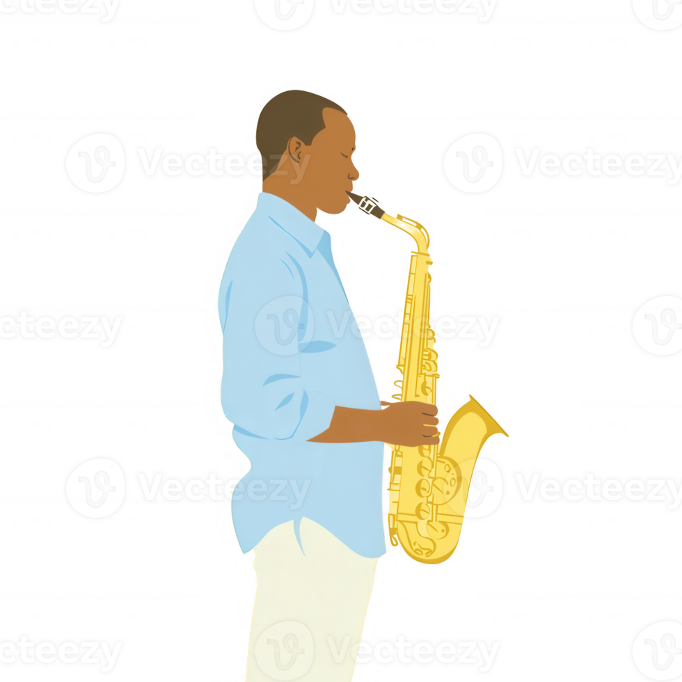 A man playing a saxophone, showcasing his passion for music, in a stylish blue shirt and white pants, with the saxophone in a vibrant gold color. png