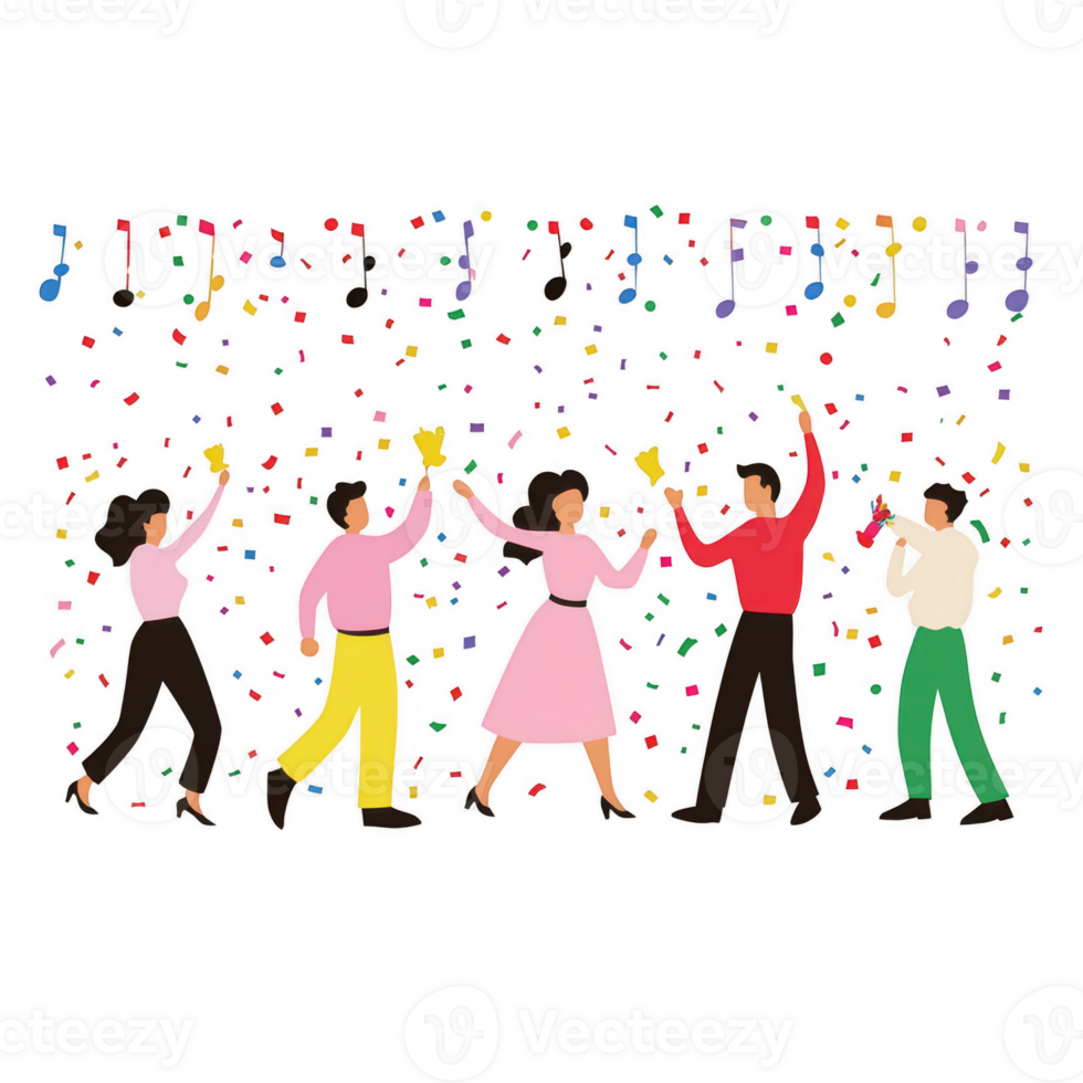 A lively gathering of diverse individuals dancing joyfully with musical notes and colorful balloons in the background, capturing the essence of celebration and togetherness. png