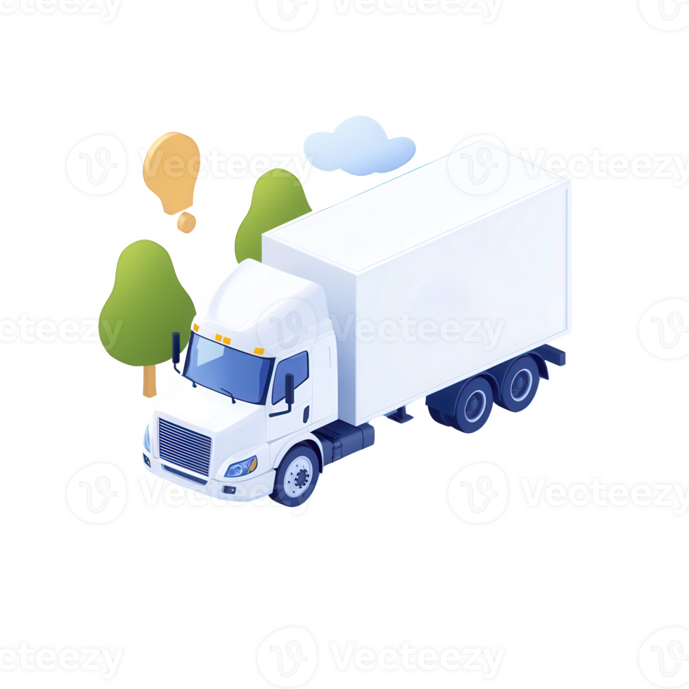 A modern delivery truck in a stylized design, featuring bright colors and trees in the background, symbolizing eco-friendly transportation. png
