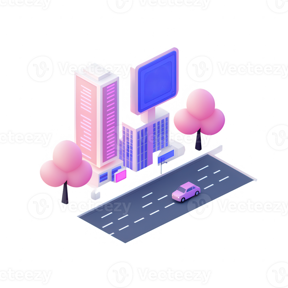 A modern cityscape featuring stylish buildings, a road with a car, and vibrant pink trees, ideal for illustrating urban development and contemporary architecture. png