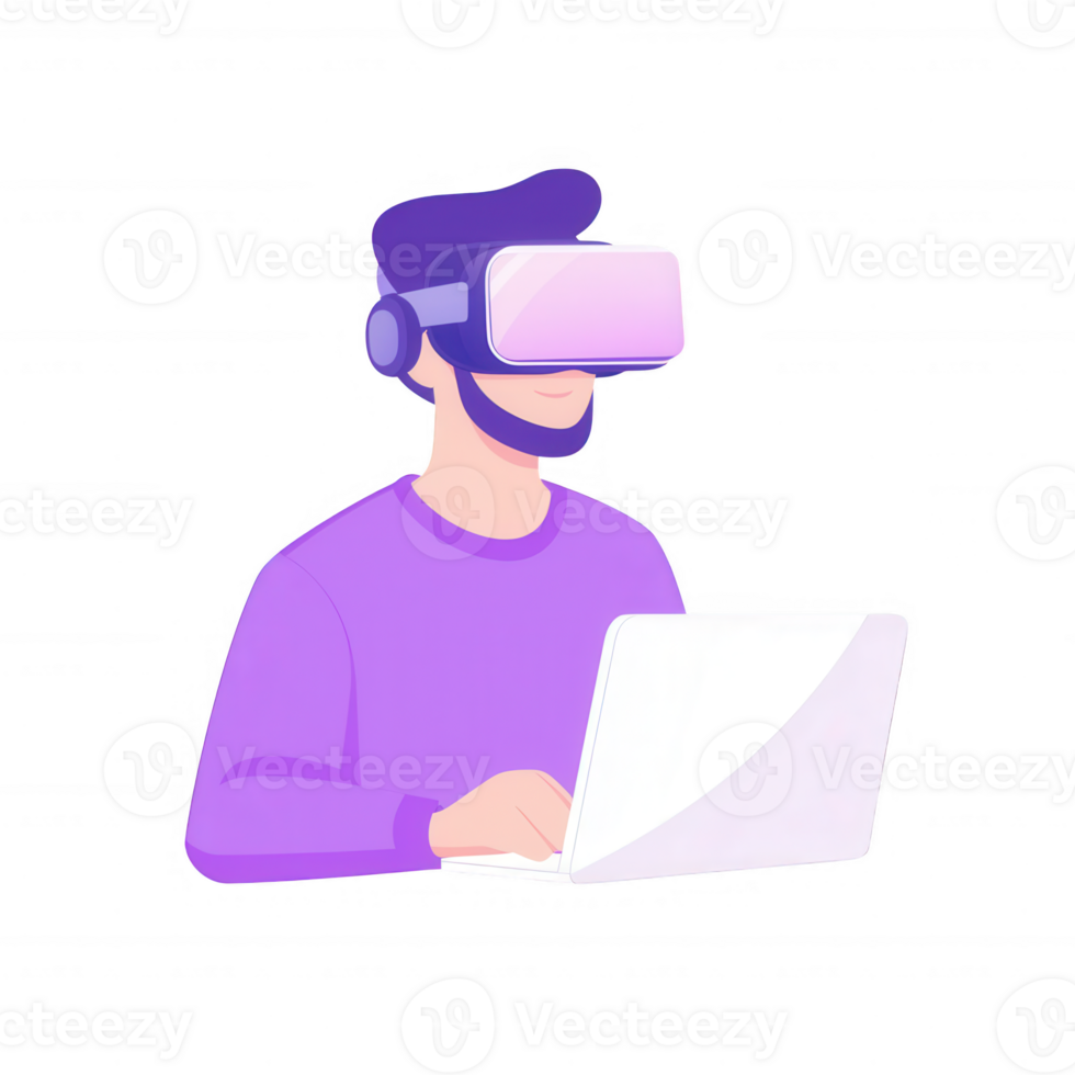 A man uses a laptop while wearing virtual reality goggles, showcasing the blend of tech and modern lifestyle in a digital world. png