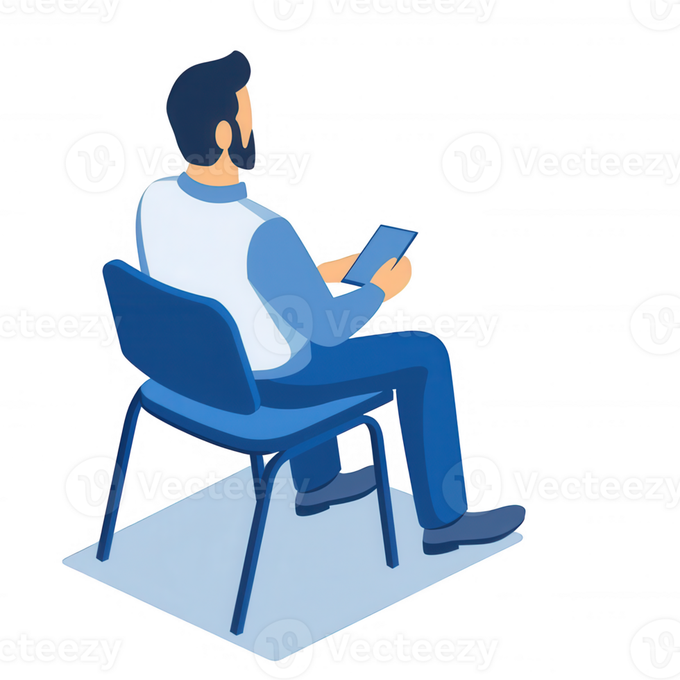 A man sitting in a blue chair, holding a smartphone, depicting a casual lifestyle moment. Ideal for themes of relaxation, technology use, and modern living. png