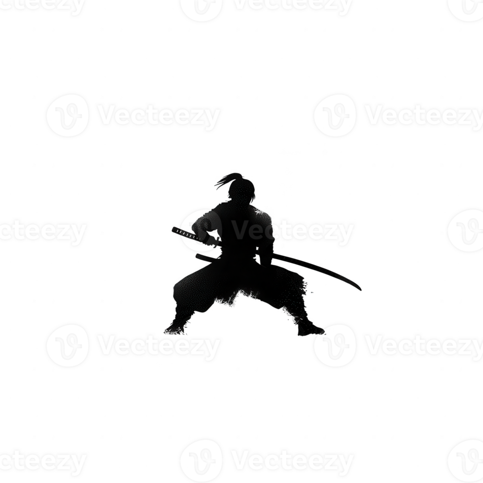 A minimalistic silhouette of a warrior in a traditional pose, embodying strength and focus, set against a stark white background for striking contrast. png